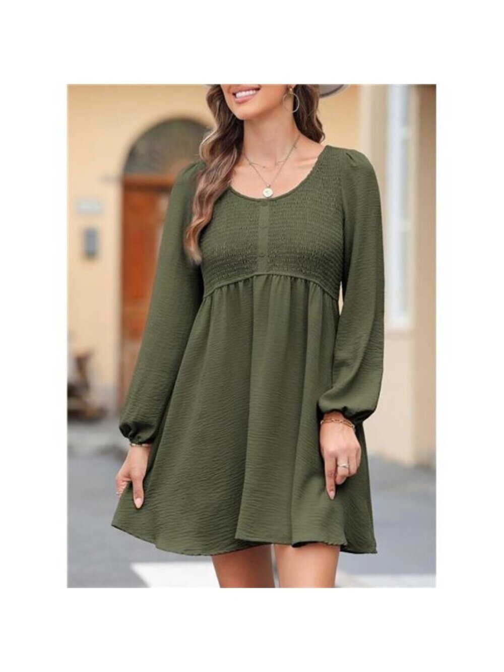 Womens 2025 Casual Dress Smocked Crewneck Button Up Long Sleeve Empire Green - Picture 3 of 4